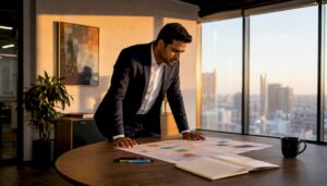 Financial advisor reviewing cluster data at desk