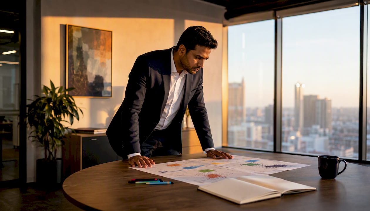 Financial advisor reviewing cluster data at desk