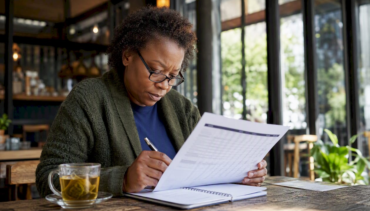 Accountant reviewing financial ratios at home desk