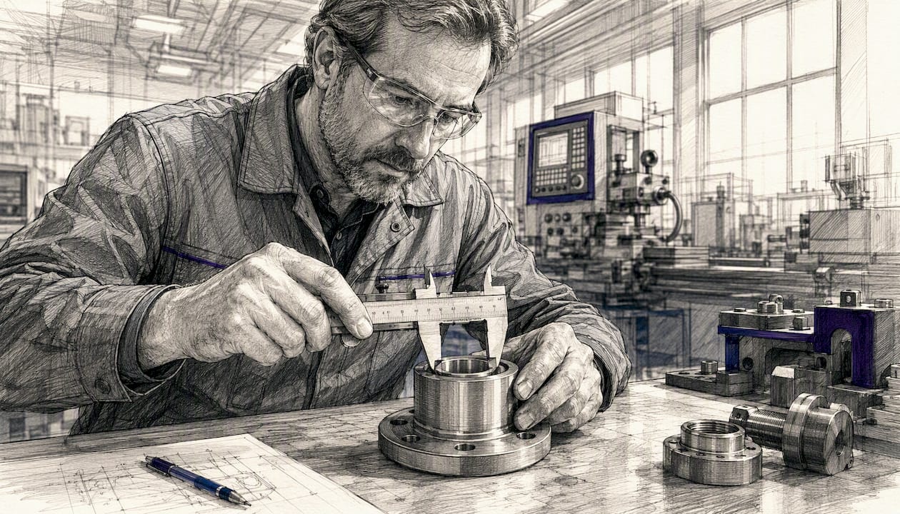 Hands measuring industrial machine part