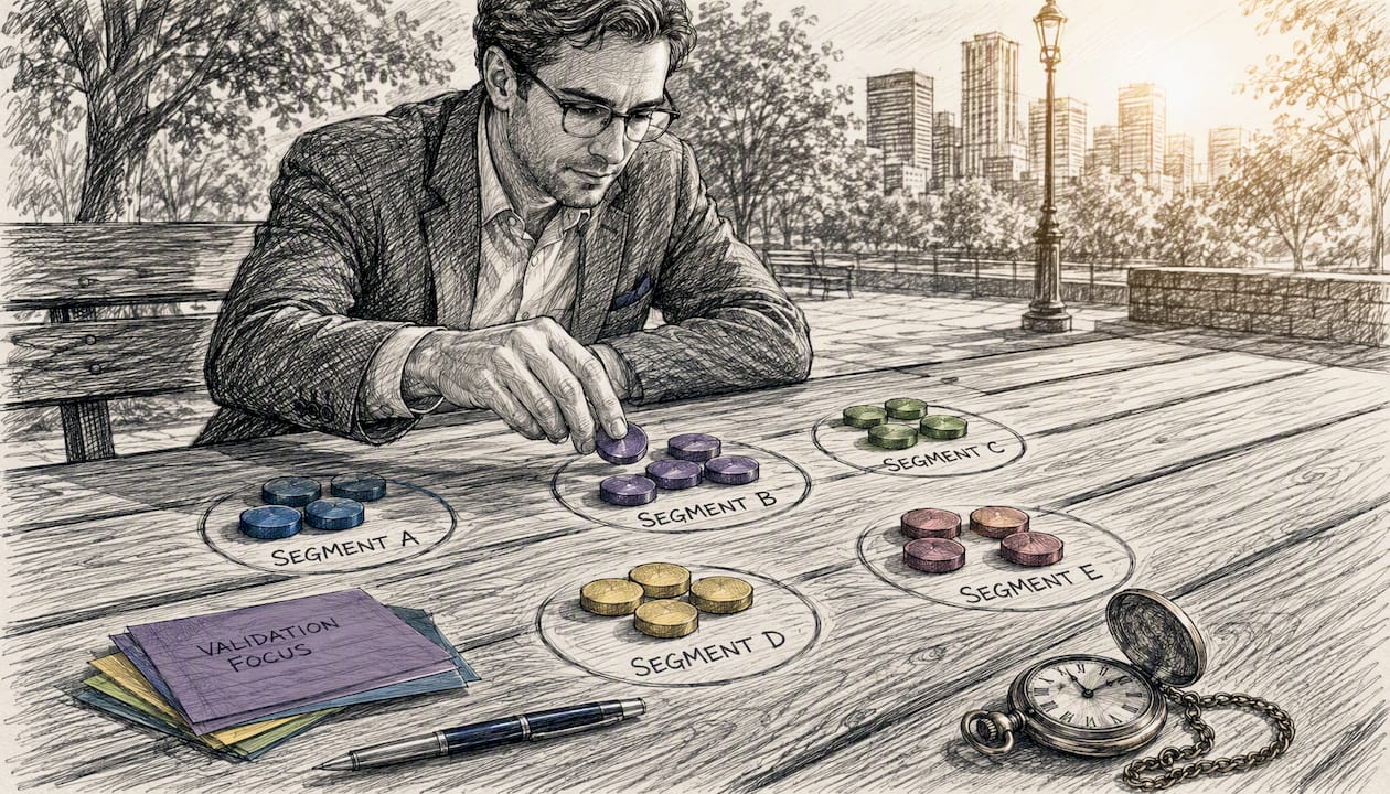 Hands organizing labeled market segmentation tokens on table