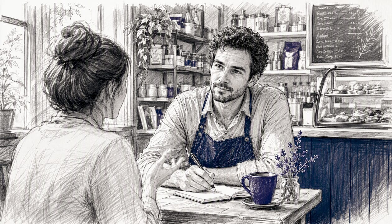 Small business owner interviewing customer