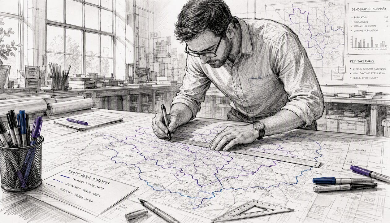 Analyst mapping retail trade area on physical map