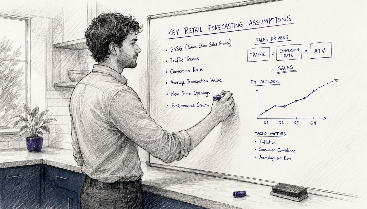 Person writing retail forecasting assumptions on whiteboard