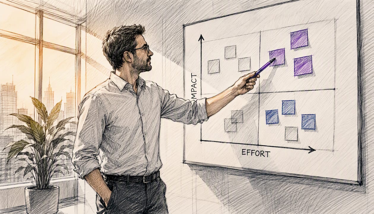 Hands pointing at impact vs effort matrix chart