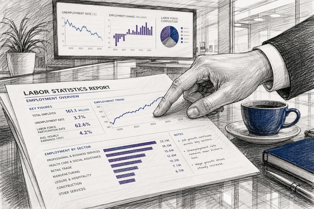 Hand pointing at labor statistics report