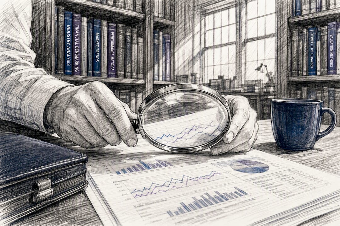 Hands inspecting financial benchmarking charts with magnifier