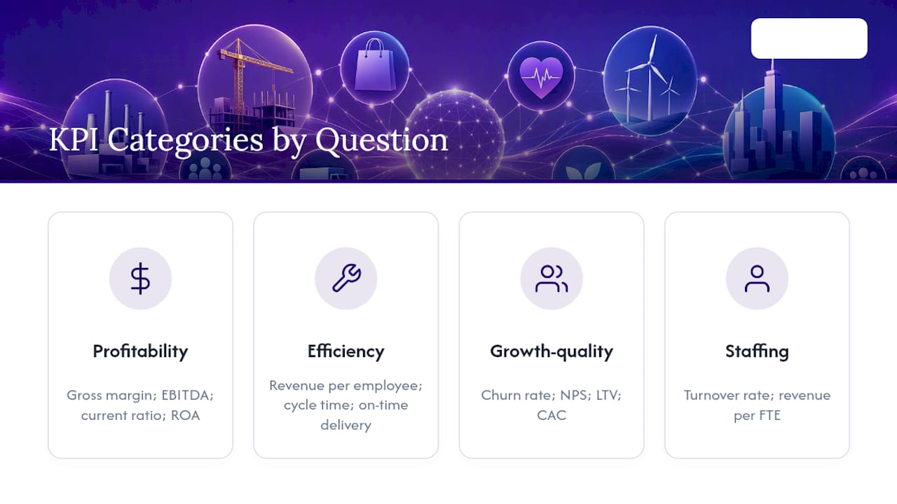 Diagram grouping KPI categories by key business questions