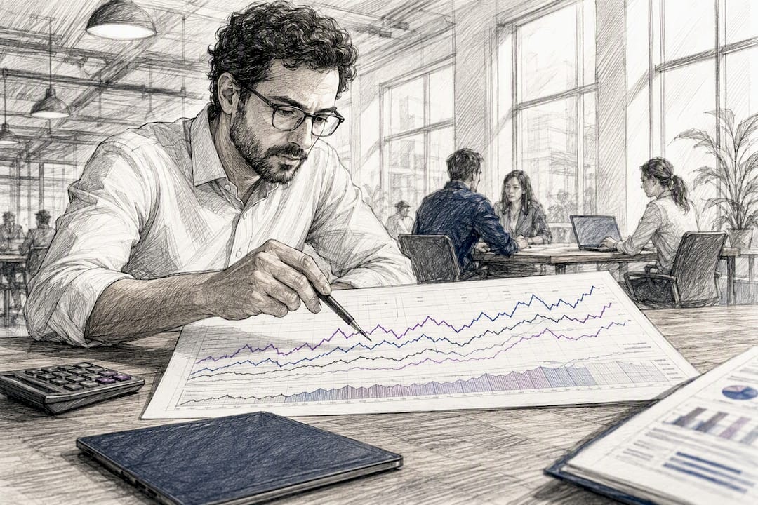 Analyst pointing at industry KPI charts in office