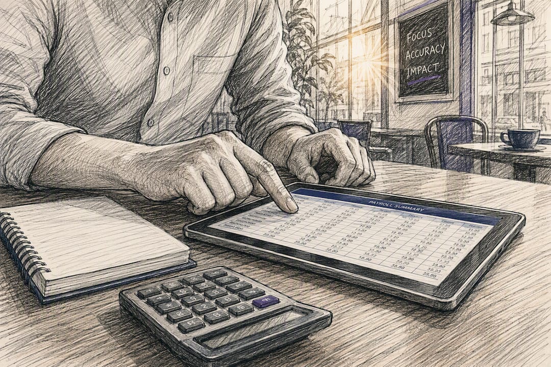 Analyst comparing payroll records hands focus
