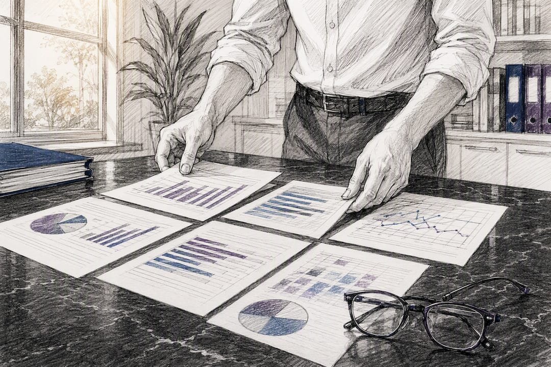 Hand grouping business data sheets on desk
