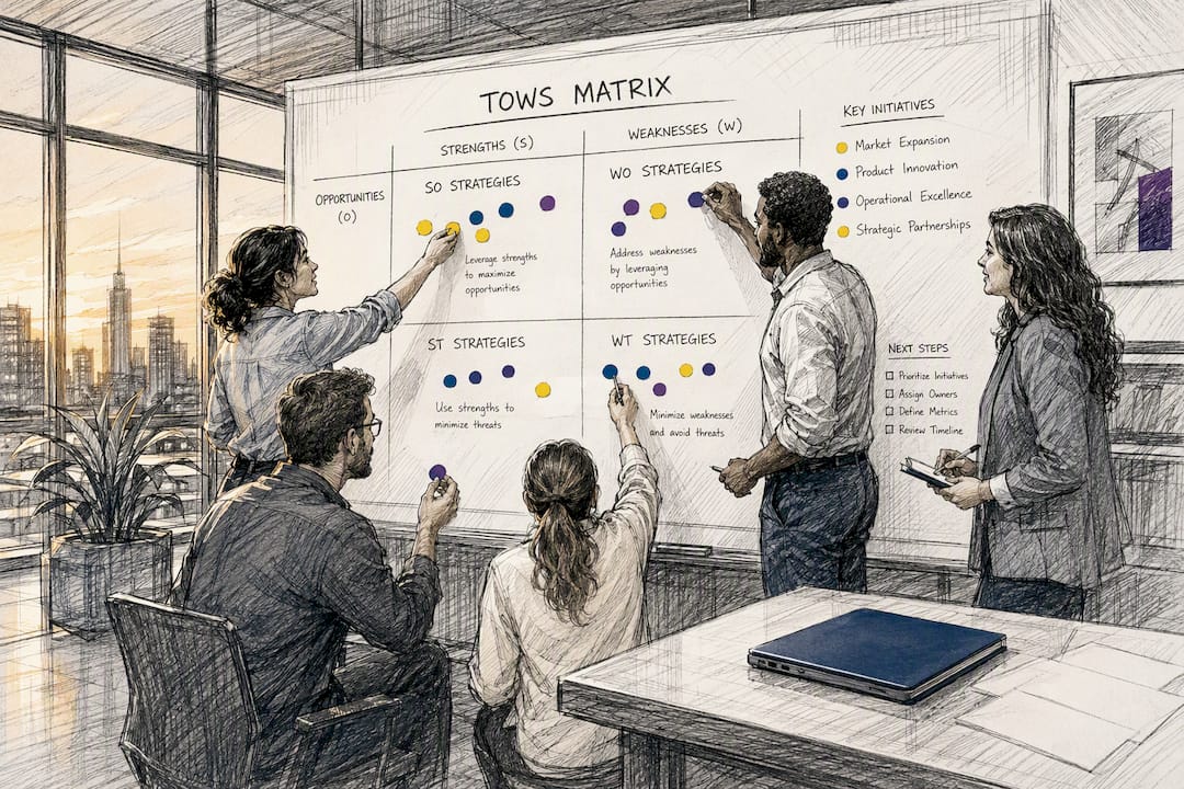 Hands arranging tokens on strategy matrix