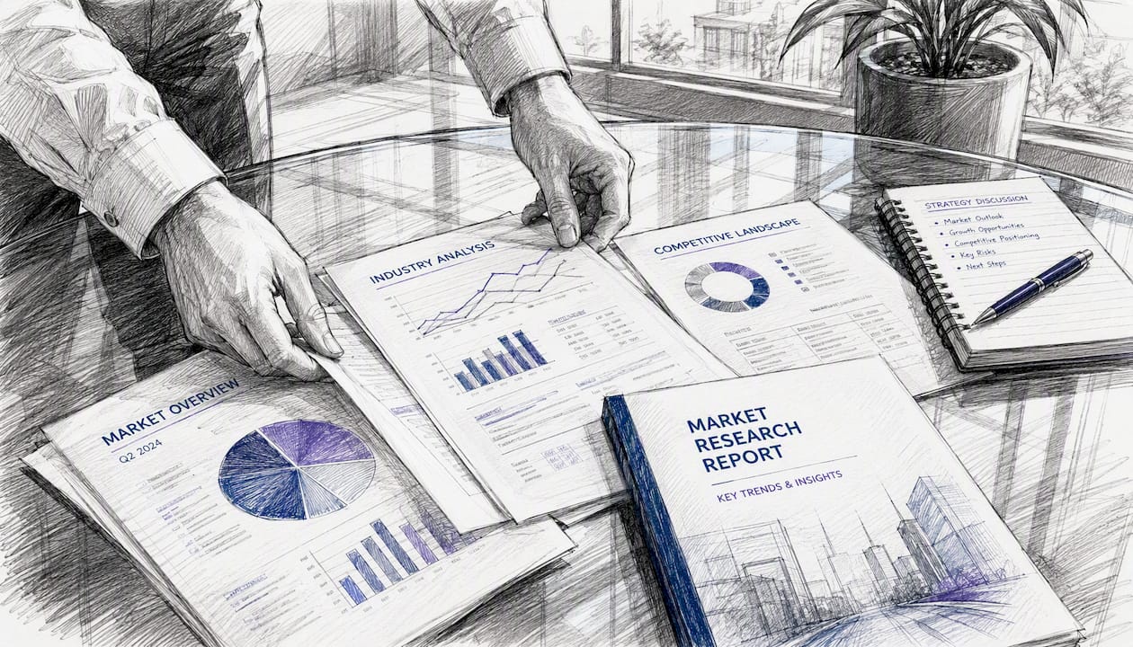 Hands sorting market research papers on table
