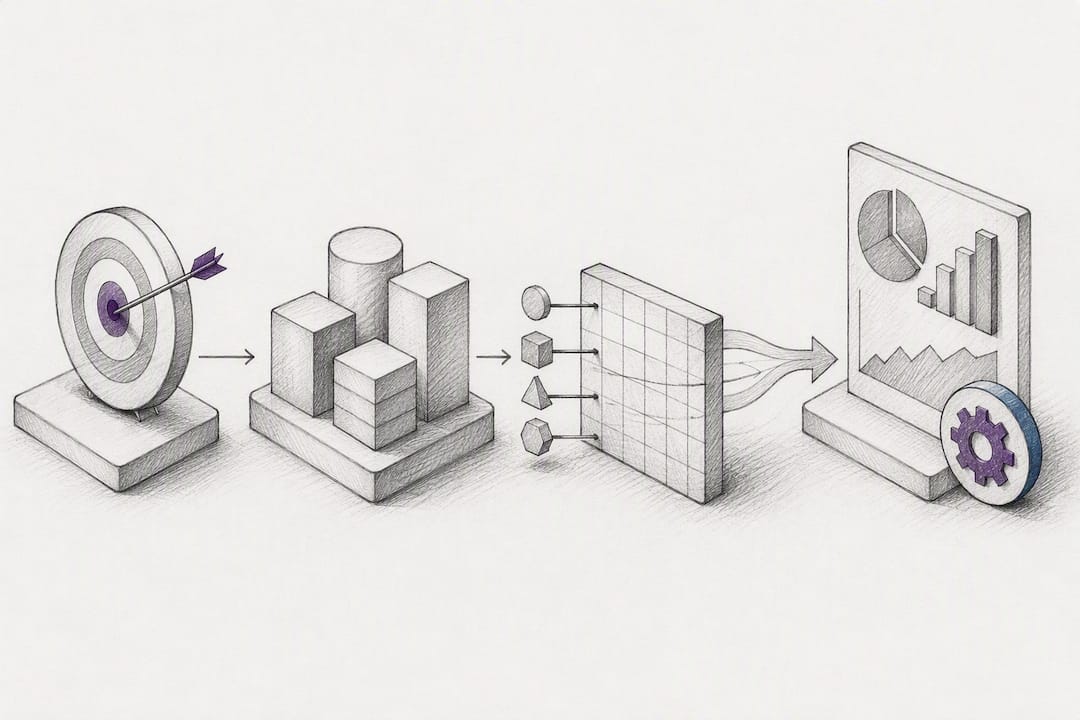 Four-stage custom report workflow illustration